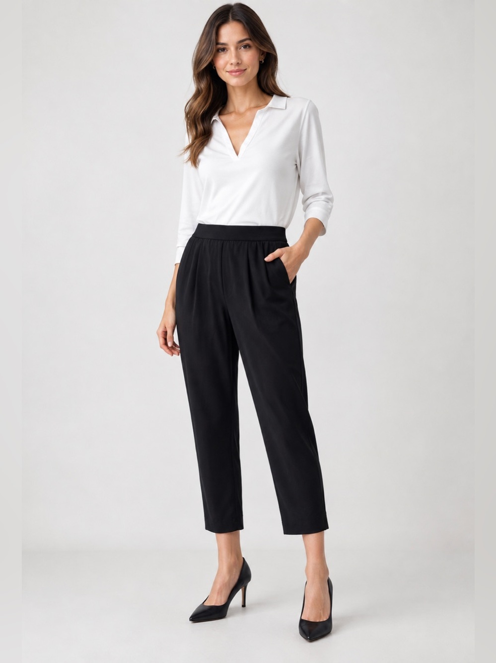 Babaton Black Pants XS Cohen Pull On Crepe Slim Ankle Crop‎ Stretch Career Japan